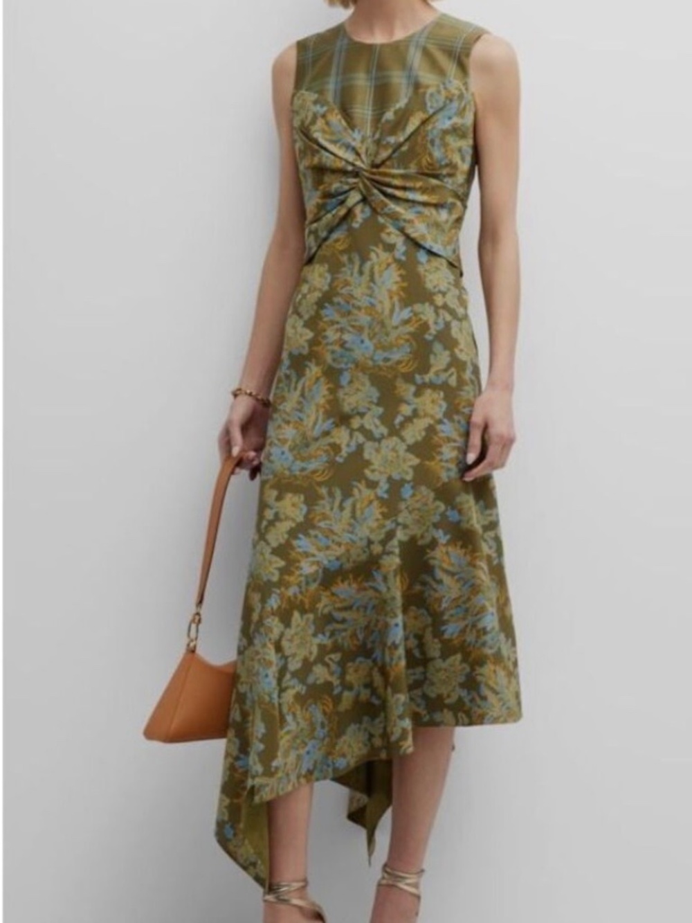 Lafayette148 New York Patchwork Asymmetric Midi Dress, Chive Green, Size 12 - Picture 16 of 16